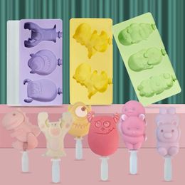 Ice Cream Tools Cartoon Monster Dinosaur Ice Cream Silicone Mould With Lid Bunny Bear Popsicle Ice Cube Tray Mould Cheese Gift Kitchen Accessories Z0308