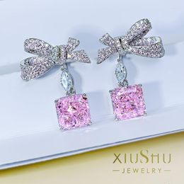 Stud Earrings Heavy Industry 5 Carat Cherry Blossom Pink Square Diamond Bow Knot 925 Silver Ear Rings