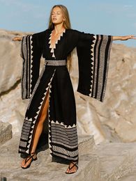 Women's Swimwear Beach Kimono Women Summer Super Wide Sleeve Self Belted Wrap Dresses Geometric Printed Fashion Bathing Suits Pareo