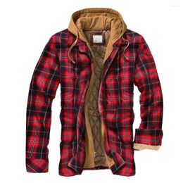 Men's Jackets Men Hoodie Zipper Closure Super Soft Coldproof Chequered Quilted Shirt Jacket For Daily Wear