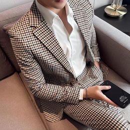 Men's Suits (Jacket Pants) Luxury Houndstooth Mens 2 Pieces Wedding Tuxedos Vintage Slim Fit Formal Man Set Groom Prom Business