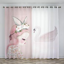 Curtain Custom Hook Or Ring Pink Cute Girl Swan HD Digital Printed Living Room Blackout Set For Girl's Bedroom