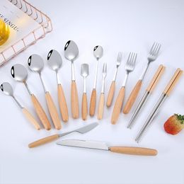 Dinnerware Sets 2 Pcs Stainless Steel Tableware Wooden Handle Knife Spoon Fruit Fork Chopsticks Western Cutlery Gift Set