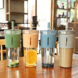 Water Bottles 700ml Water Bottle with Straw Transparent Glass Bottles High Temperature Large Capacity Drink Cup Milk Coffee Mug Straw Cup 230309