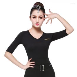 Stage Wear Doubl Comfortable Women's Latin Dance Tops For Women Shirt Half Sleeve Ballroom Practise V-neck Lady Black Elastic Slim