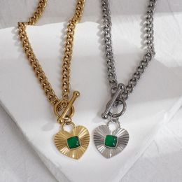Chains AENSOA Green Stone Heart Shape Pendant Stainless Steel Necklace For Women Gold Colour Charm Chain Collar Jewellery 2023