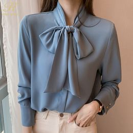 Women's Blouses Shirts H Han Queen Spring Autumn Simple Office Lady Blouse Female Shirt Bow Tops Long Sleeve Casual Korean OL Style Loose Blouses Women 230309