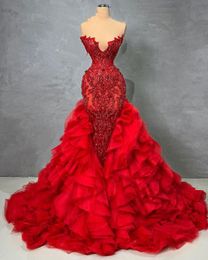 Red Mermaid Evening Dresses Sleeveless V Neck Beaded Appliques Pearls Sequins Floor Length Detachable Lace Train Folds Prom Dresses Plus Size Gowns Party Dress