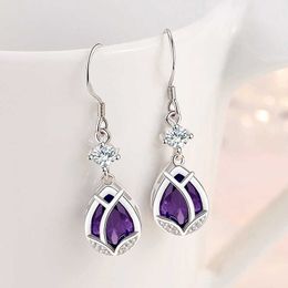 Charm Fashion Female Earrings 925 Sterling Silver Purple Flower Shaped Mosaic Zircon Earrings for Women Long Tassel Earrings Jewellery L230309