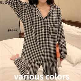 Women's Sleepwear Women Pyjama Sets Plaid Button-up Turn-down Collar Long Sleeve Sleep Wear Pockets Simple Japanese Style Students Pyjamas Spring 230309