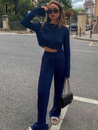 Women's Tracksuits Women Pleated Two Piece Set Outfits Vintage Long Sleeve Crop Tops And Long Pants Slim Suit 2022 Autumn Fashion Casual Female Set L230309