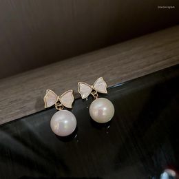 Stud Earrings Korean Elegant Simple Simulated-Pearl Shell Bow Dangle For Women Alloy Shiny Fashion Earring Girl Party Wedding Jewellery