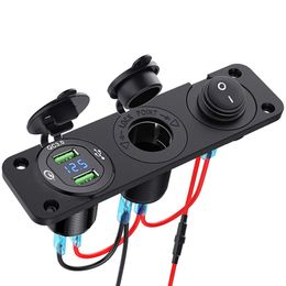 12V/24V QC3.0 USB Car Charger Socket Panel Aluminum Dual USB Fast Charger Socket Power Outlet with LED Voltmeter for Marine Boat