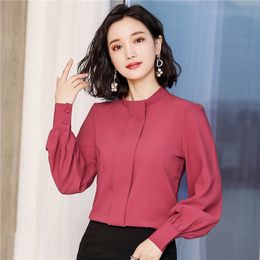 Women's Blouses Shirts Spring Autumn Women Loose Shirt Round Collar Long Sleeves Pure Colour Office Ladies Work Tops Female Chiffon Casual Blouses H9044 230309