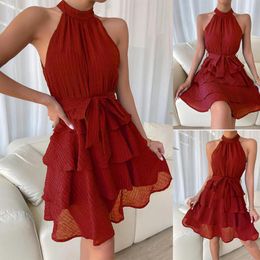 Casual Dresses Summer Chiffon Halter Dress Ruffles Textured Knit Belted Layered Hem Backless Beach Wear Y2k Vestidos