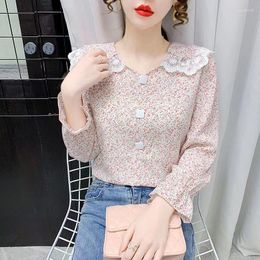 Women's Blouses Floral Chiffon Shirt Women's 2023 Spring And Autumn Korean Version Doll Collar Horn Long-sleeved Slim Fit Top