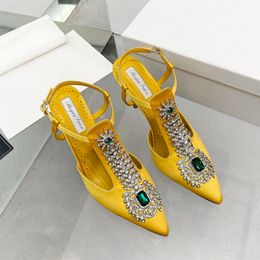 Sandals Ladies Wedding Shoes Pointed Toe High Heels Satin Gemstone Stiletto Baotou Fairy Pump 230308