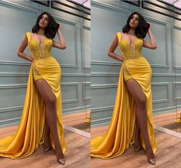 African Yellow Mermaid Prom Dresses Long for Women Beaded Sequined High Side Split Pleats Draped Party Dress Formal Birthday Pageant Celebrity Evening Gown Custom