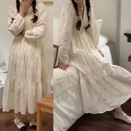 Casual Dresses Korean Chic Spring Gentle Temperament V-neck Hollow Out Flower Design Fold Layering Long-sleeved Dress Long Skirt