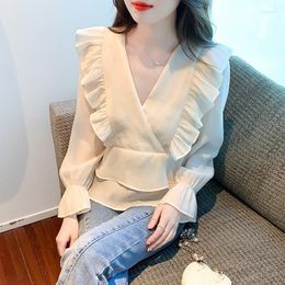 Women's Blouses Korean Version Ruffles Chiffon Shirt 2023 Spring Autumn V-Neck Long-Sleeved White Clothes For Women