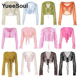 Women's TShirt Y2K Vintage Women Tshirts Sexy Deep V Neck SeeThrough Long Sleeve Crop Tops High Street Casual Slim Women Clothes 230309