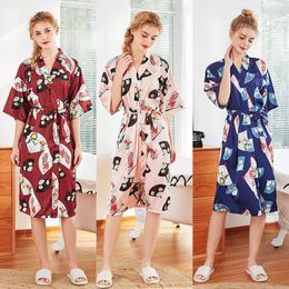 Women's Sleepwear Imitate Real Silk Marry Pyjamas Ma'am Summer Long Fund Bridesmaid Red Bride Dressing Gown Home Furnishing Robe