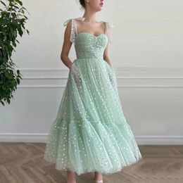 Mint Green Hearty Prom Dresses Tied Bow Straps Sweetheart Midi Prom Gowns Pockets Tea-Length Evening Party Dress