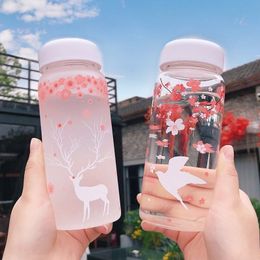 Water Bottles Creative Cherry Blossoms Frosted Glass Water Bottle Kawaii Reindeer Bottle For Girl Cute Pink Portable Sport Drink Bottles 230309