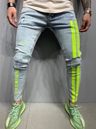 Mens Jeans Biker Ripped Men Skinny Striped Zipper Denim Hole Wash Vintage Hip Hop Work Trousers Slim Printed European Big Size 230309