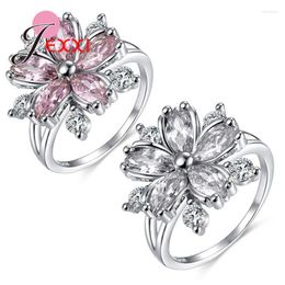 Cluster Rings Romantic Elegant Ladies Ring Cherry Blossom Shape Cubic Zirconia Wedding Exquisite Flowers 925 Sterling Silver Jewellery