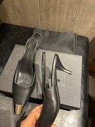 Square head stiletto sandals patent leather black 2023 summer baotou women's shoes metal head high heels