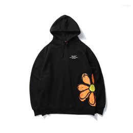 Men's Hoodies 2023 Mens Hip Hop Sweatshirts Orange Flowers Printed Fleece Hooded Harajuku Streetwear Fashion Skateboard Casual Hoodie