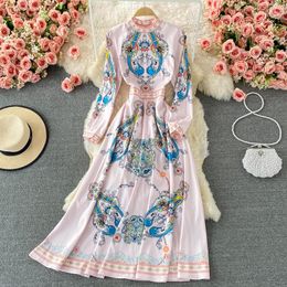 Casual Dresses YIZZHOY Summer A Line Stand Collar Puff Sleeve Mid-Calf Women Medium Vintage Floral Print Lady Full Dress