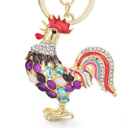 Key Rings Pretty Cute Opals Cock Rooster Chicken Keychains Crystal Bag Pendant Rhinestone Luxury Key Chains Ring Gift for Women K131