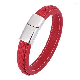 Charm Bracelets Trendy Men Red Braided Leather Bracelet Stainless Steel Magnetic Buckle Handmade Bangles Male Jewellery SP0590