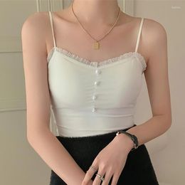 Women's Tanks Women's 2023 Sumemr Fashion Tank Tops Patchwork Lace Button Camisole Female White Sleeveless Slim Casual Short Cropped