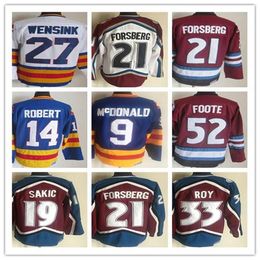 CUSTOM Men Vintage Colorado Hockey Jerseys 52 Adam Foote 21 Peter Forsberg 9 Paul 19 Joe Sakic 33 Patrick Roy 1 Chico Resch 14 Rene Robert 9