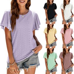 Women's T Shirts 2023 European And American Women's Summer T-shirt Hollow Waist Ruffle Sleeve Casual Top