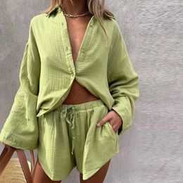 Women's Tracksuits Casual Women Summer Oversize Tracksuit Long Sleeve Shirt Tops And Mini Shorts Outfit Loungewear Loose Two Piece Shorts Set L230309