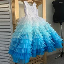 Vestidos de menina Moda Triered Blue Flower Tulle Apliques Trajes de aniversário Drop do vestido de modelagem de casamento longa