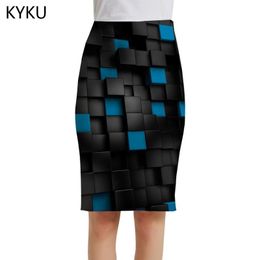 Skirts KYKU Brand Cube Women Geometry Office Abstract Sexy Pencil Ladies Womens Vintage Anime Korean Knitted