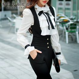 Women's Blouses Shirts Dabuwawa Autumn Winter White Blouse Women Ruffles Bow Tie Shirts Long Puff Sleeve office lady Elegant Blouse Top 230309