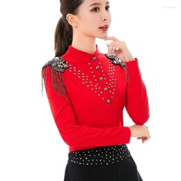 Women's T Shirts 2023 Bead Work Tassels Long Sleeve T-shirts Women Dance Show V Neck Black Gemstones Tops