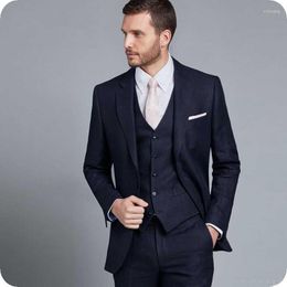 Men's Suits Navy Blue Groom Tuxedos Men Wedding Prom Peaked Lapel 3Piece Latest Designs Costume Homme Slim Fit Terno Masculino