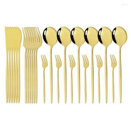 Dinnerware Sets 24Pcs/Set Gold Mirror Cutlery Set 18/10 Stainless Steel Silverware Flatware Dinner Knife Cake Fork Spoon