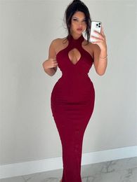 Casual Dresses Wsevypo Cutout Halter Neck Wrap Long Dress Women Sexy Sleeveless Backless Knit Ribbed Bodycon Party Evening Vestidos