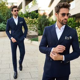 Pinstripe Men's Blazer Wedding Male Groom Tuxedos Suit with Pants 2 Pieces Double Breasted Costume Homme