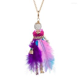 Pendant Necklaces Multicolored Rhinestone Feather Long Dress Doll Handmade French Paris Girl Collares For Women Jewelry Bijoux