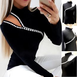 Women's TShirt Womens Bandage Tshirts Fall Winter y2k Clothes Long Sleeve Hollow Out Patchwork Fashion Sexy Off Shoulder Plain Tops 230309