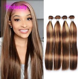 Brazilian Human Hair Double Wefts Extensions P4/27 Piano Color Silky Straight 10-30inch 4 Bundles